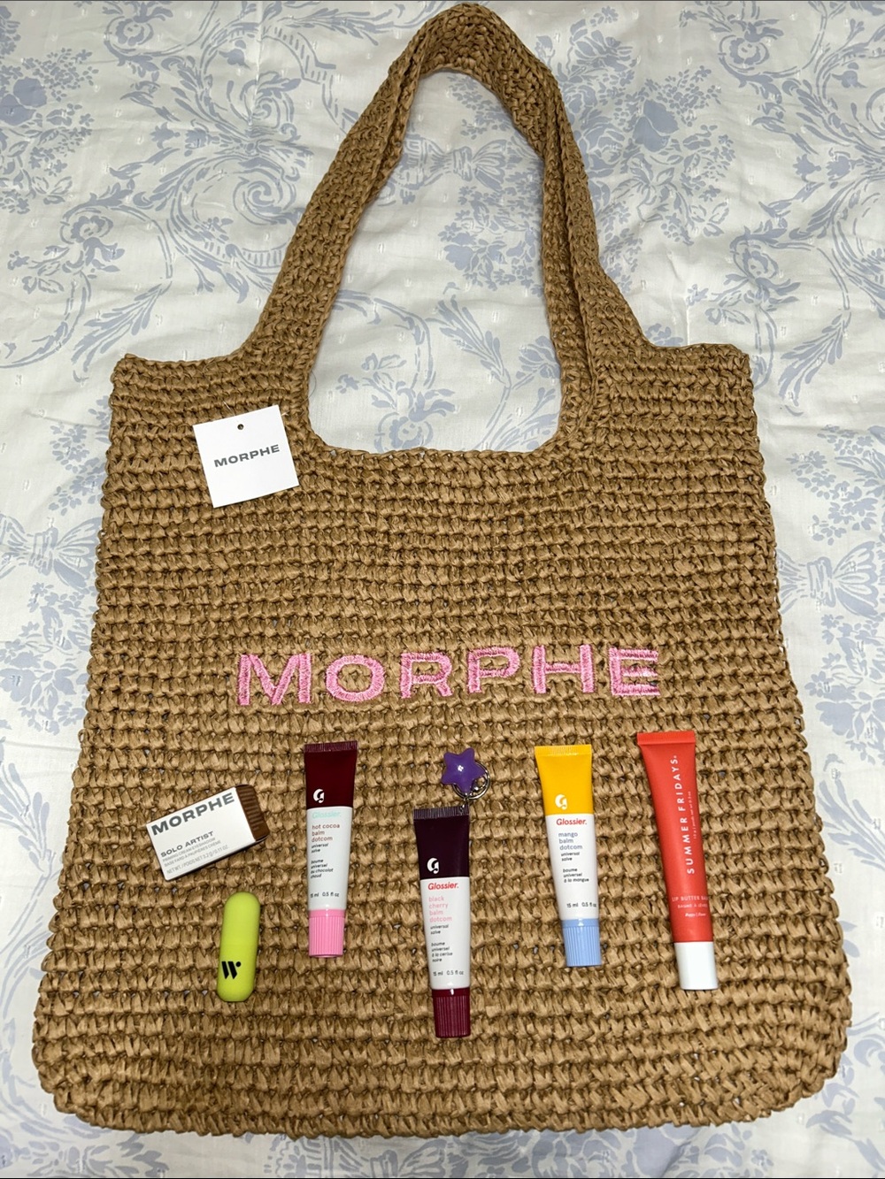 Morphe Tan Crochet Tote with Pink Embroidered Logo Set